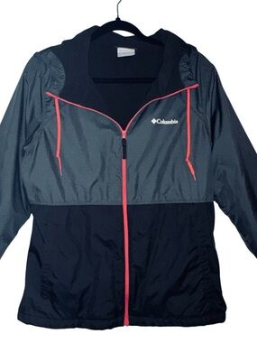 Columbia Grey Black Pink Zip Up Fleece Lined Hooded Windbreaker Jacket Medium